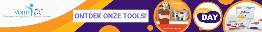 Promotionele visual van Vorm DC met de boodschap “Ontdek onze tools” en de tool My Perfect Day, de schoonmaakgidsen en de Sollicitatietoolbox, met illustraties van educatief materiaal