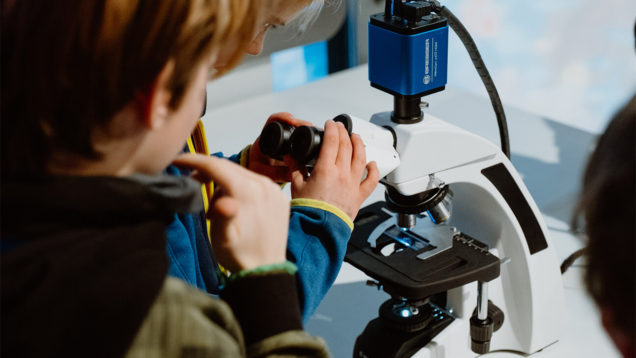 Jongens kijken door een microscoop