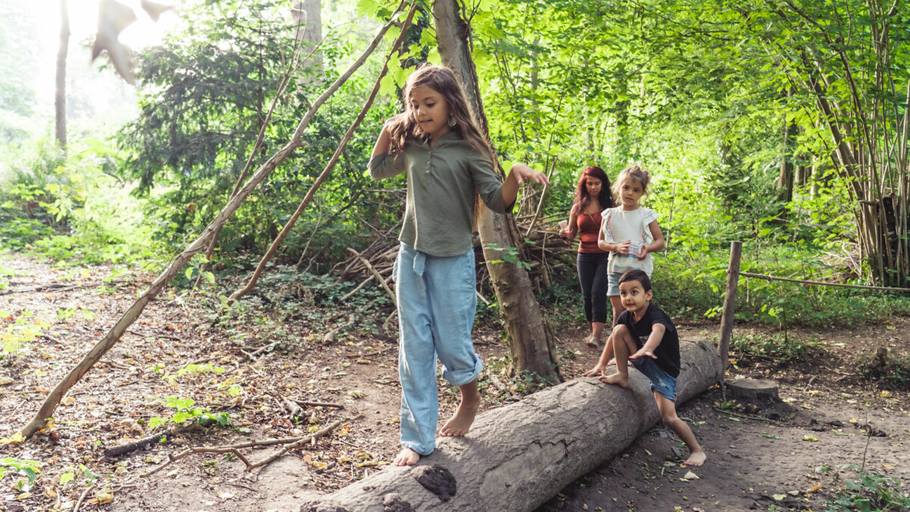 Kinderen op een blotevoetenpad in de Plantentuin van Meise