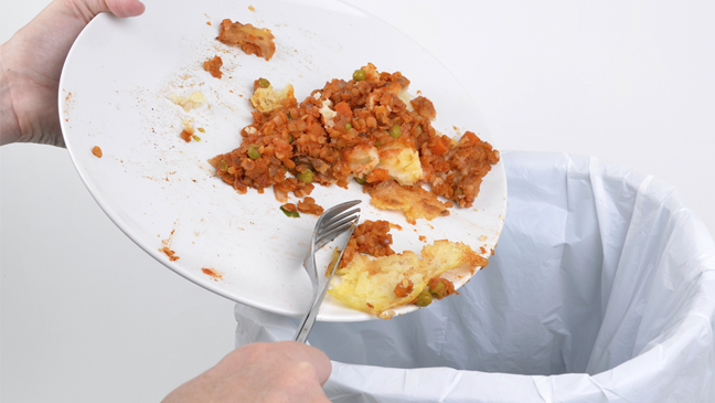 iemand gooit eten in de vuilbak