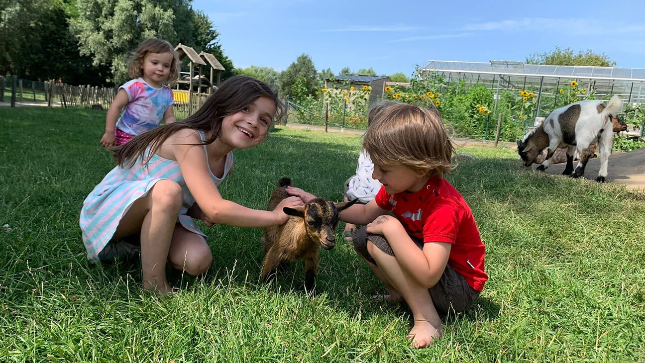 Twee kinderen aaien een geit op Kinderboerderij d'Oude Smelterij