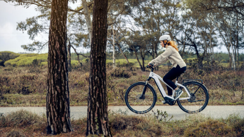 Vrouw fietst door heidelandschap