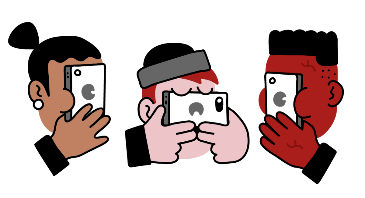 illustratie van jongeren die een smartphone in hun ogen wrijven