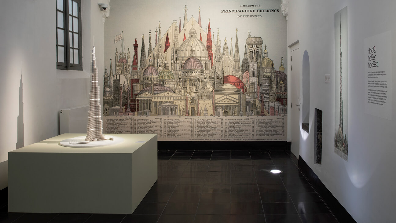 Tekening van alle hoge gebouwen ter wereld op de Expo Skyline