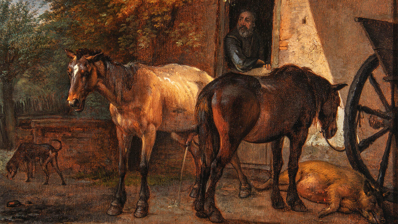 Paulus Potter, Open schuur met twee ploegpaarden, 1649