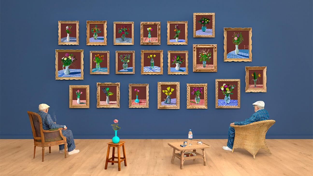 Werk van David Hockney, 25th June 2022, Looking at the Flowers (Framed)