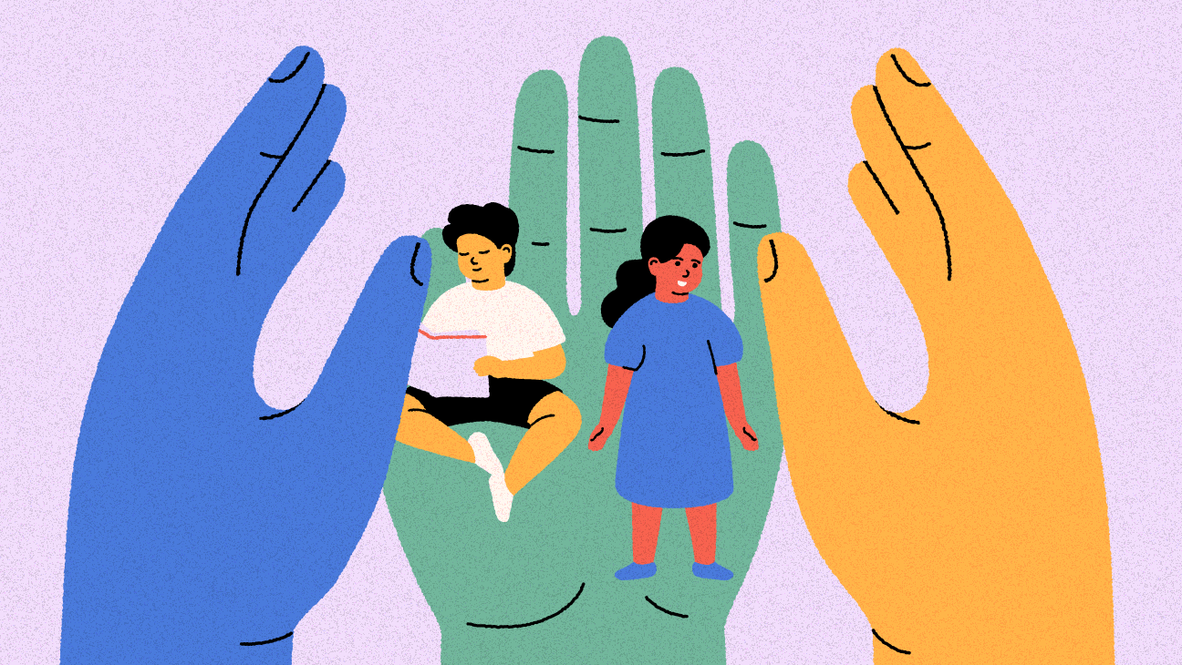 illustratie met 2 kinderen omringd door grote handen