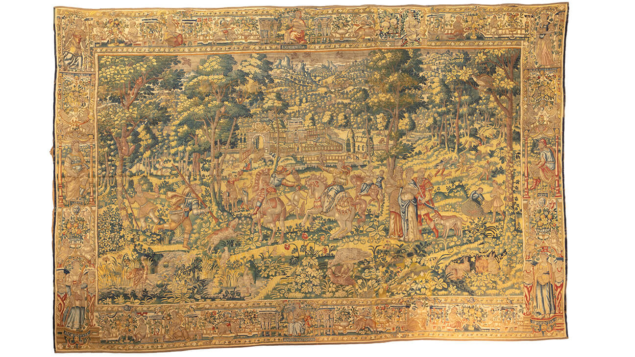 • Anonyme (atelier d’Audenarde, Enghien ou Bruxelles), Scène de chasse au faucon, tapisserie laine et soie, seconde moitié du 16e, Inv.Ac.2023/381