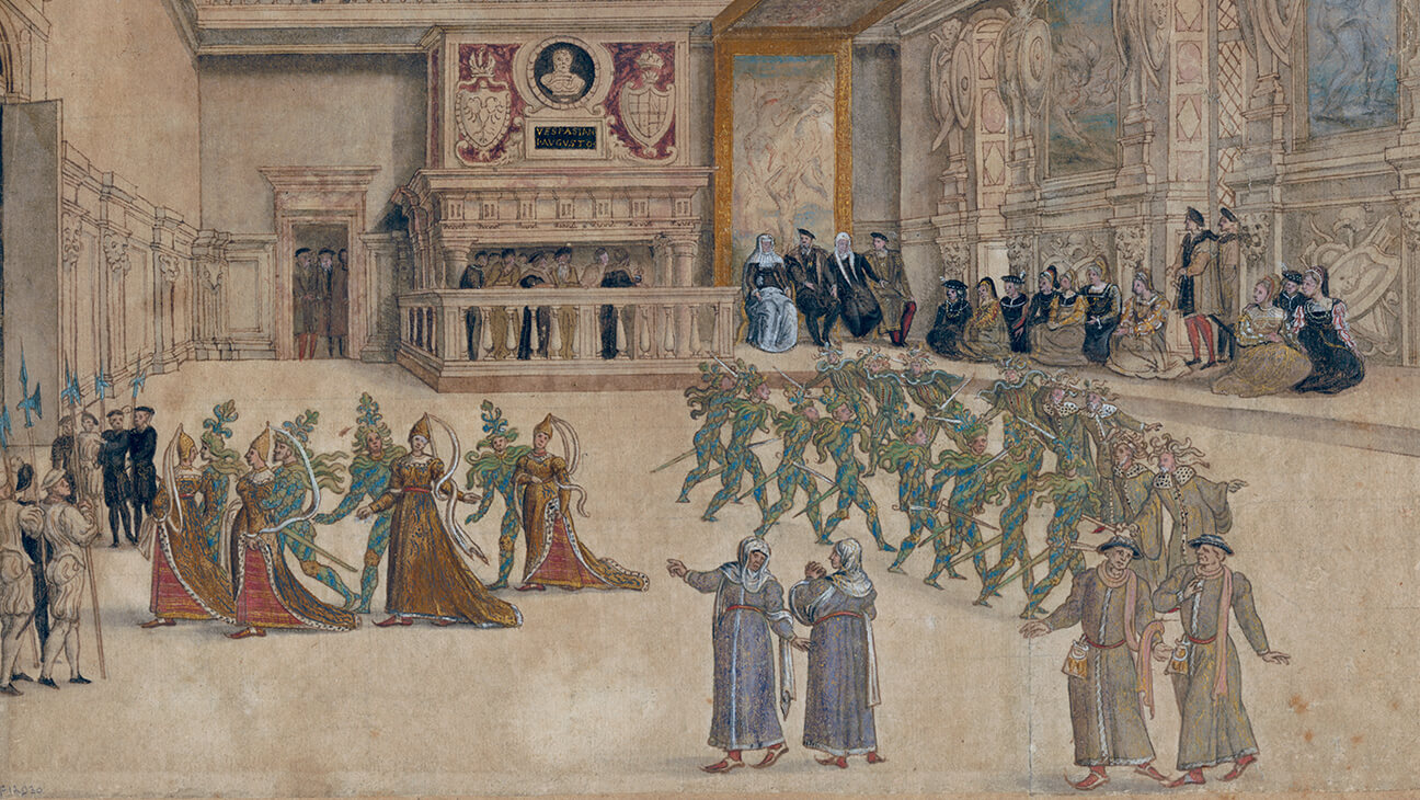 • Anonyme, Mascarade dans la salle des fêtes du palais de Binche, dessin encre brune aquarelle et peinture sur papier, vers 1550