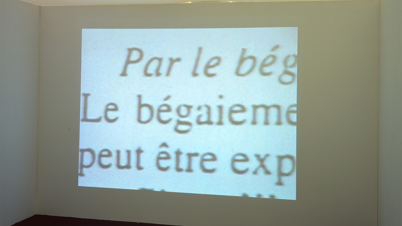 Take a look from the inside, psychoanalytische lectuur (naar Françoise Estienne, in Les Bégaiements, 1996), 2003. Video met geluid, 4 min 9 s. Installatiezicht, De Doos, Cultureel Centrum, Hasselt, 2004