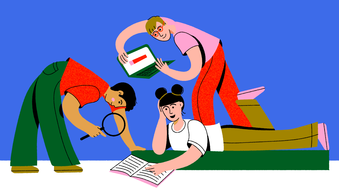 illustratie met leraren die leermateriaal inspecteren